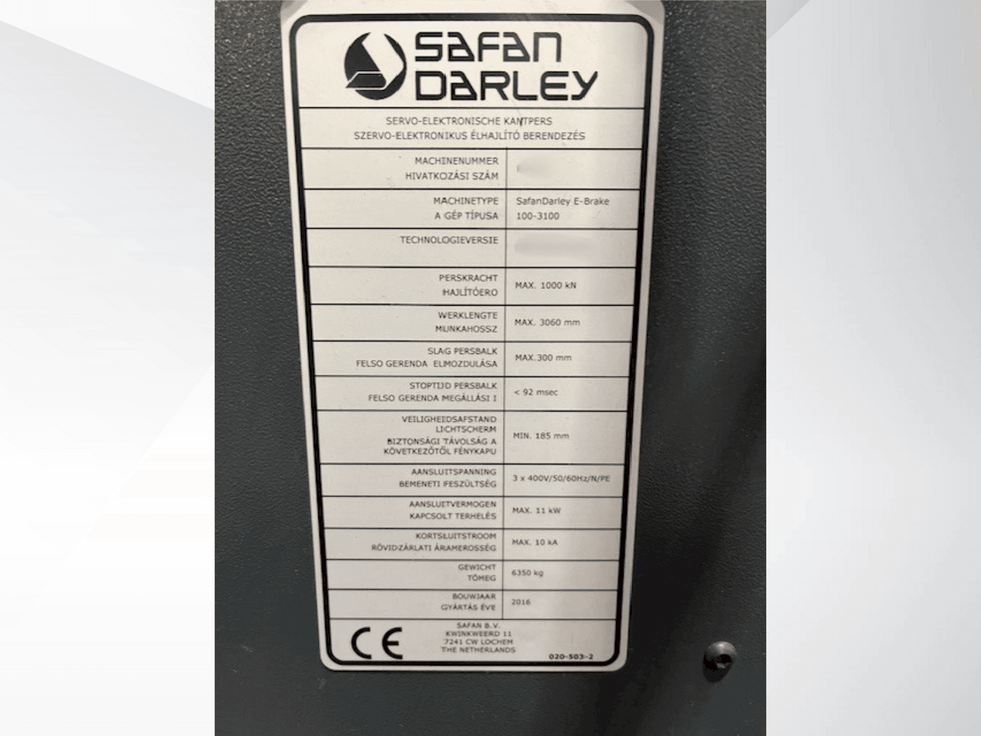 Front view of Safan E Brake 100 3100  machine
